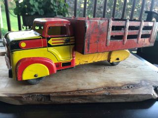 Vintage Marx Toys Stake Bed Truck Red & Yellow 1950s 1960s Vermont Barn Find