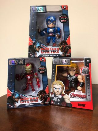 3 Metal Die Cast Figures Marvel Ironman Thor Captain America Nib