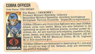 1982 Cobra Officer V.  1 Straight Arm File Card Peach Filecard Gi Joe Jtc