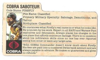1984 Cobra Firefly V.  1 File Card 2 Peach Filecard Bio Gi/g.  I.  Joe Jtc
