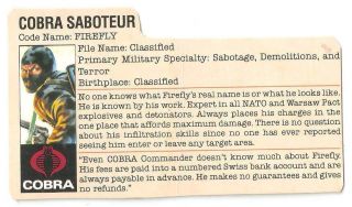 1984 Cobra Firefly V.  1 File Card 3 Peach Filecard Bio Gi/g.  I.  Joe Jtc