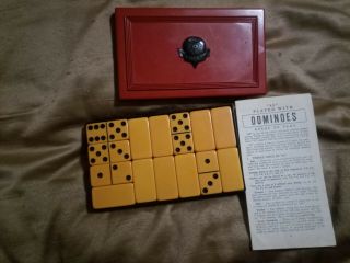 Top Grade Dominoes - Vintage Butterscotch Dominoes With Case Complete With Rules