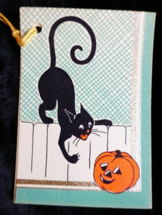1930s Gibson Halloween Bridge Tally Card Cat On Fence Pumpkin