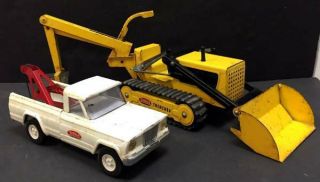 2 1960’s Tonka Jeep White Wrecker Tow Truck,  Trencher Backhoe,  Pressed Steel,  Nr