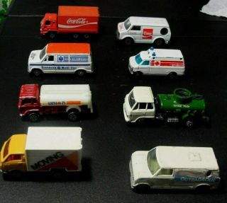 (8) Vintage Die Cast Fuel Truck,  Moving Van,  (2) Ambuiance,  Coke Truck & Van