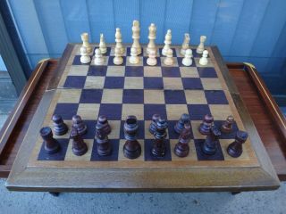 Vintage Wood Chess Set,  3 " Kings,  15.  5 " Folding Board W/ Storage Space