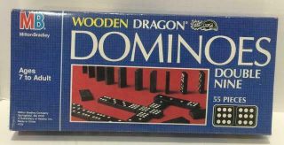 Vintage Dominoes Double Nine Milton Bradley 1983 Wooden Dragon Mb Complete