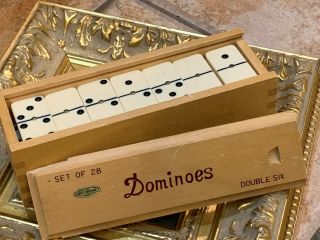 Vintage Double Six Dominoes Set Of 28 Wooden Case Brass Spinners Taiwan Complete
