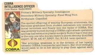 1984 Cobra Baroness V.  1 File Card 3 Peach Filecard Bio Gi/g.  I Joe Jtc