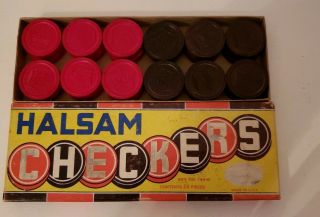 Vintage Halsam Set 24 Embossed Wood Checkers 145h Complete Set