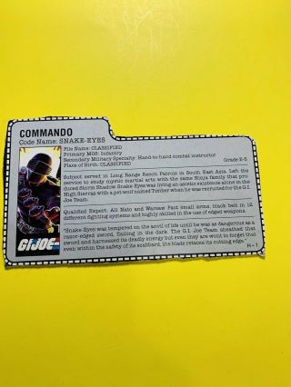 Gi Joe Snake Eyes V.  2 File Card Gray Filecard Bio 1985