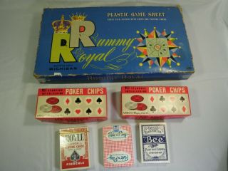 Vintage Whitman Rummy Royal Card Game Vinyl Sheet Mat,  Poker Chips & Cards
