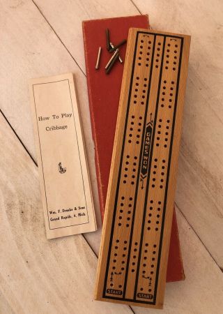 Vintage Drueke No.  10 Cribbage Board With Box,  Pegs And Instructions