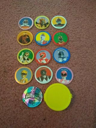 Power Rangers Pogs Mcdonalds Complete Set Of All 12,  1 Slammer,  And Container