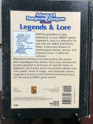 Advanced Dungeons And Dragons Legends And Lore Hardcover Book Tsr 2108 1984
