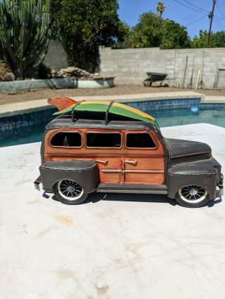 Metal Tin Woody Station Wagon With Surf Boards Look