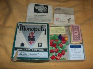 Vintage Monopoly Game W/ Wood Houses,  Hotels,  Pawns,  Cards,  Money.  1930 