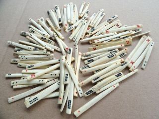 Vtg Set Of 100 Primitive Chinese Hand Carved Mah Jong Bones Counting Sticks