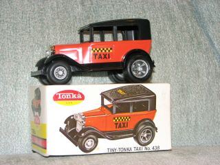 Vintage Tiny Tonka Model T Pressed Steel Taxi Orange & Black 438 W/ Box