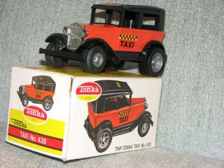 Vintage Tiny Tonka Model T Pressed Steel Taxi Orange & Black 438 w/ Box 2