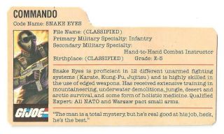 1982 Snake Eyes V.  1 Straight Arm File Card Peach Filecard Gi Joe Jtc
