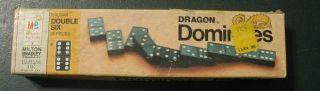 1970 Dominoes Milton Bradley Dragon 28 Piece Double Six Box Vintage Wood