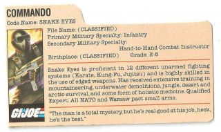 1982 Snake Eyes V.  1 File Card Peach Filecard Bio Gi/g.  I.  Joe Jtc