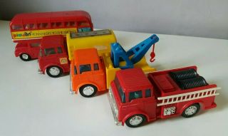 Playart Wind Up Double Decker Bus,  Tanker,  Tow Truck And Fire Engine