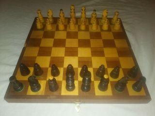 Vintage Mid Century Modern Chess Set In Shag Carpet Wooden Board Case