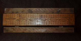 Vintage Hand Carved Cribbage Board Wood Folk Art Picnic Bench Leaves Primitive