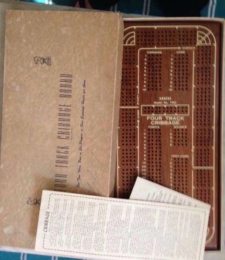 Vtg Drueke Model 1962 Four Track Wood Cribbage Board W/ Instructions Walnut