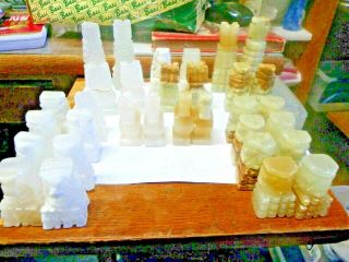 Vintage Chess Set Mexican Aztec Mayan Marble Stone Quartz Hand Carved 32 Piece