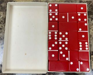 Vintage Red Marblelike Standard Dominoes Made In Usa.  Box