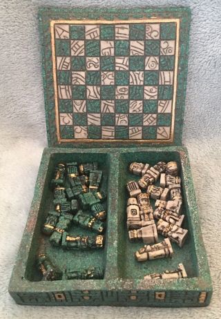 Aztec Mayan Green/ivory Color Chess Set,  6 3/4” X 6 3/4 “