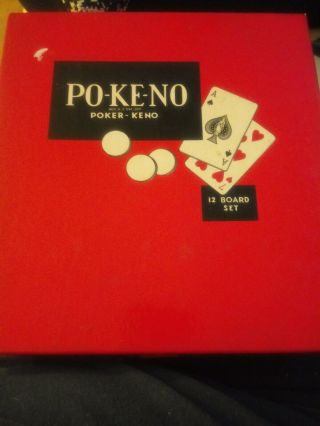 Vintage Pokeno Po - Ke - No Card Game (poker - Keno) With 12 Boards & Chips