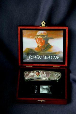 John Wayne 4 " Knife And 2 1/4 " Lighter In A Wooden Display Case.  Old But
