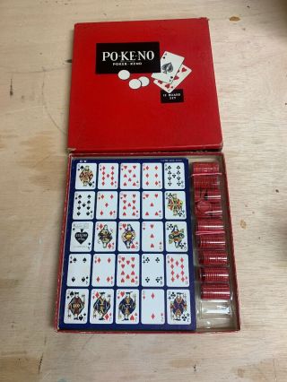 Vintage Set Po - Ke - No Pokeno Poker - Keno Board Card Game 12 Card Set,  Chips