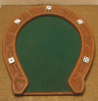 Wonderful Hand Tooled Leather Dice Game Board Horse Shoe Shaped Nr