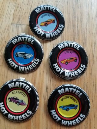 5 Metal Mattel Hot Wheels Redline Pinback Badge Pins.