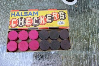 Vintage Halsam Near Set 24 Embossed Wood Checkers 145h