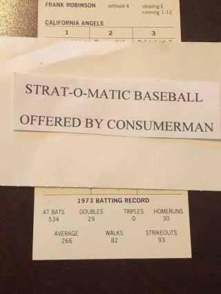 Strat - O - Matic Baseball 1973 California Angels