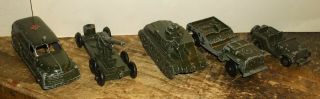 5 Vintage Tootsietoy Metal Army Vehicles Ambulance Howitzer Tank 2 Jeeps