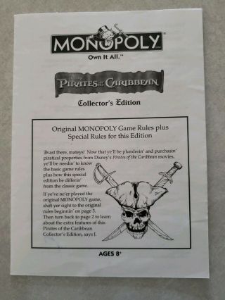 2006 Pirates Of The Caribbean Monopoly Directions Rules Pamphlet Jack Sparrow