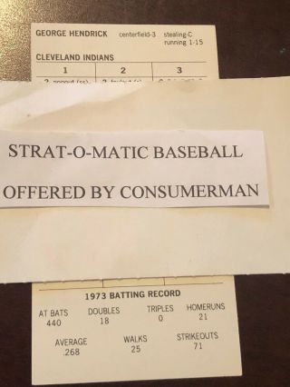 Strat - O - Matic Baseball 1973 Cleveland Indians