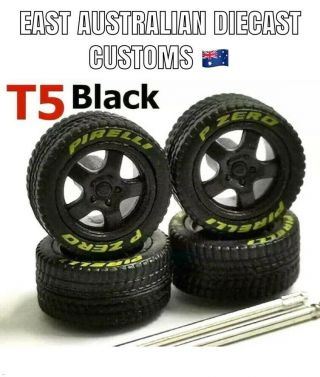 Eadc Custom Wheels 1:64 Scale T5 Black 5 Spoke Pirelli Set Of 4 Hot Wheels