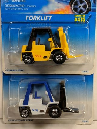 Hot Wheels Fork Lift 2 Variations 1996 Yellow 475 Bad Card 1997 White 642