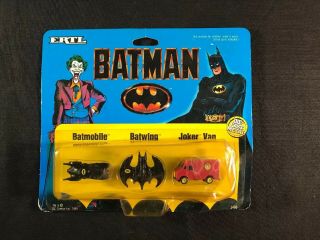 1989 Ertl Carded Batman Micro Vehicles.  Batmobile Batwing Joker Van