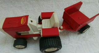VINTAGE TONKA RED AND WHITE LAWN TRACTOR WITH ATTACHED TRAILER 2