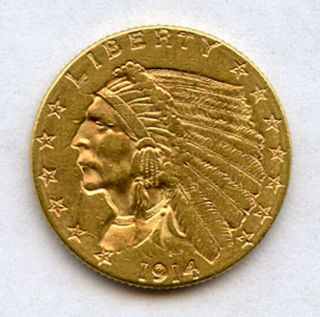 1914 - D Indian Head $2.  5 Dollars Quarter Eagle Gold Coin Choice Au, .