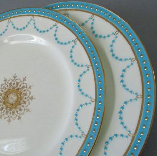 2 Antique Minton Porcelain Plates Turquoise,  Gilt Enamel Jewels Gilt Medallions